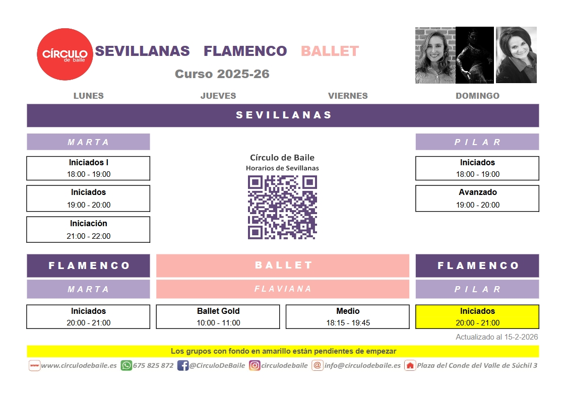 Horarios de Sevillanas, Flamenco y Ballet en Circulo de Baile