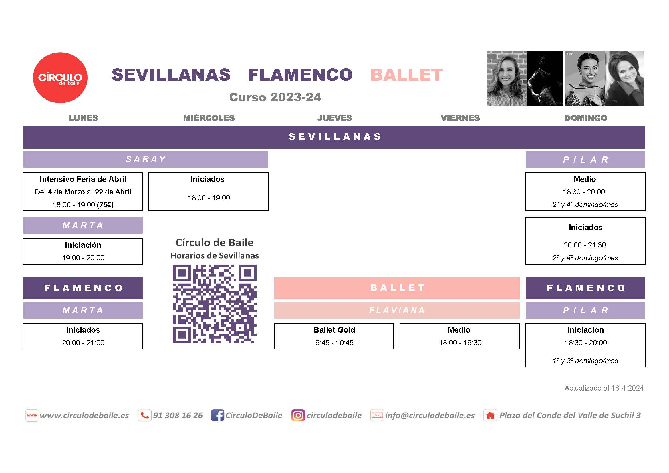 Horarios de Sevillanas, Flamenco y Ballet en Circulo de Baile