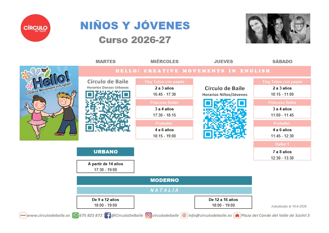 Horarios para niños y jóvenes en Circulo de Baile