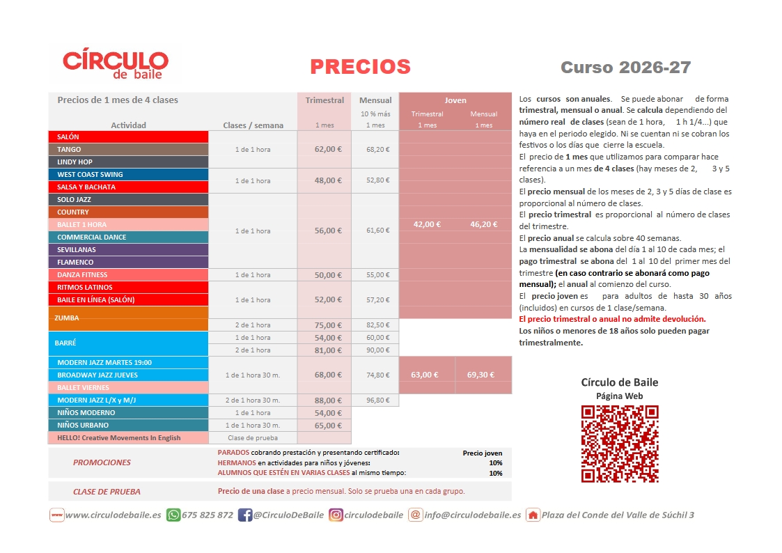Precios del curso actual en Circulo de Baile