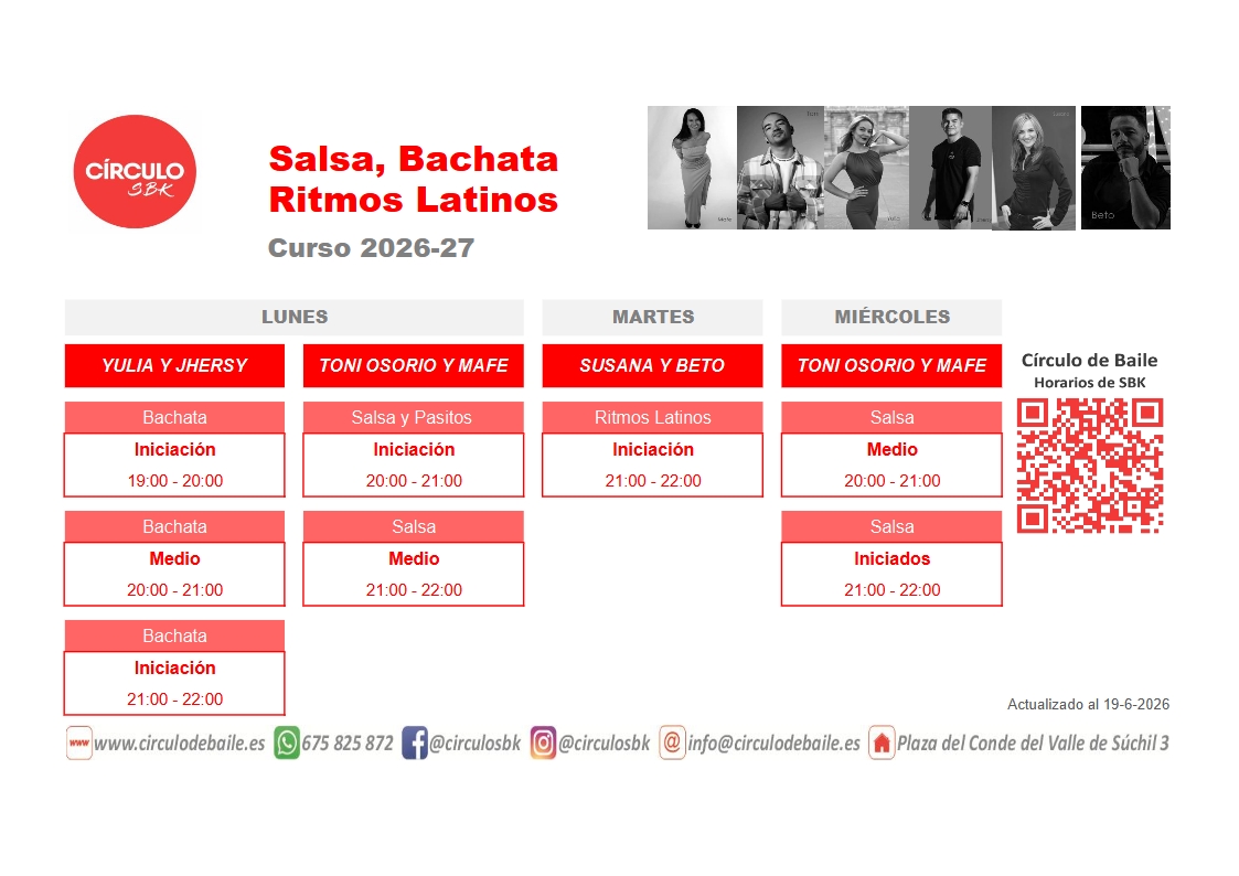 Horarios de Salsa, Bachata y Ritmos Latinos en Circulo de Baile
