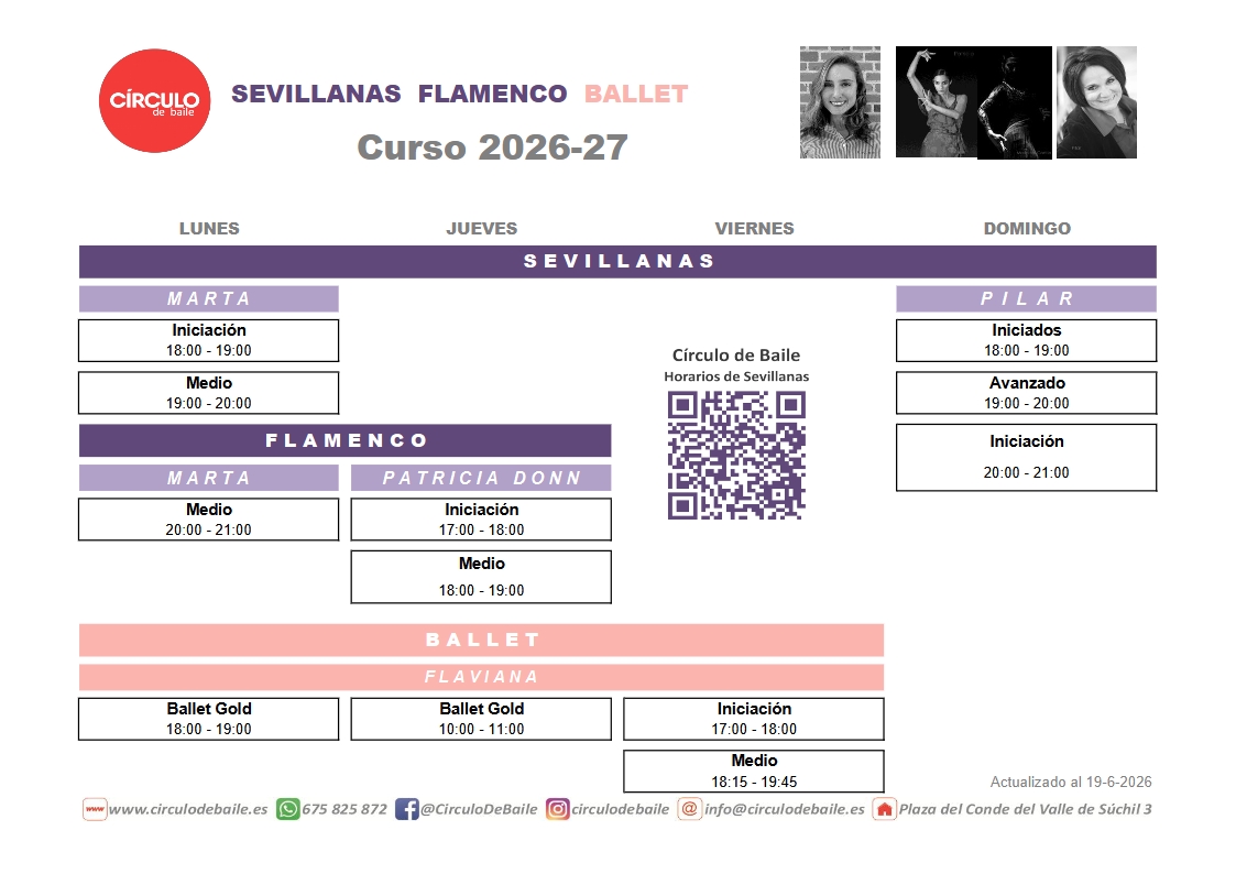 Horarios de Sevillanas, Flamenco y Ballet en Circulo de Baile