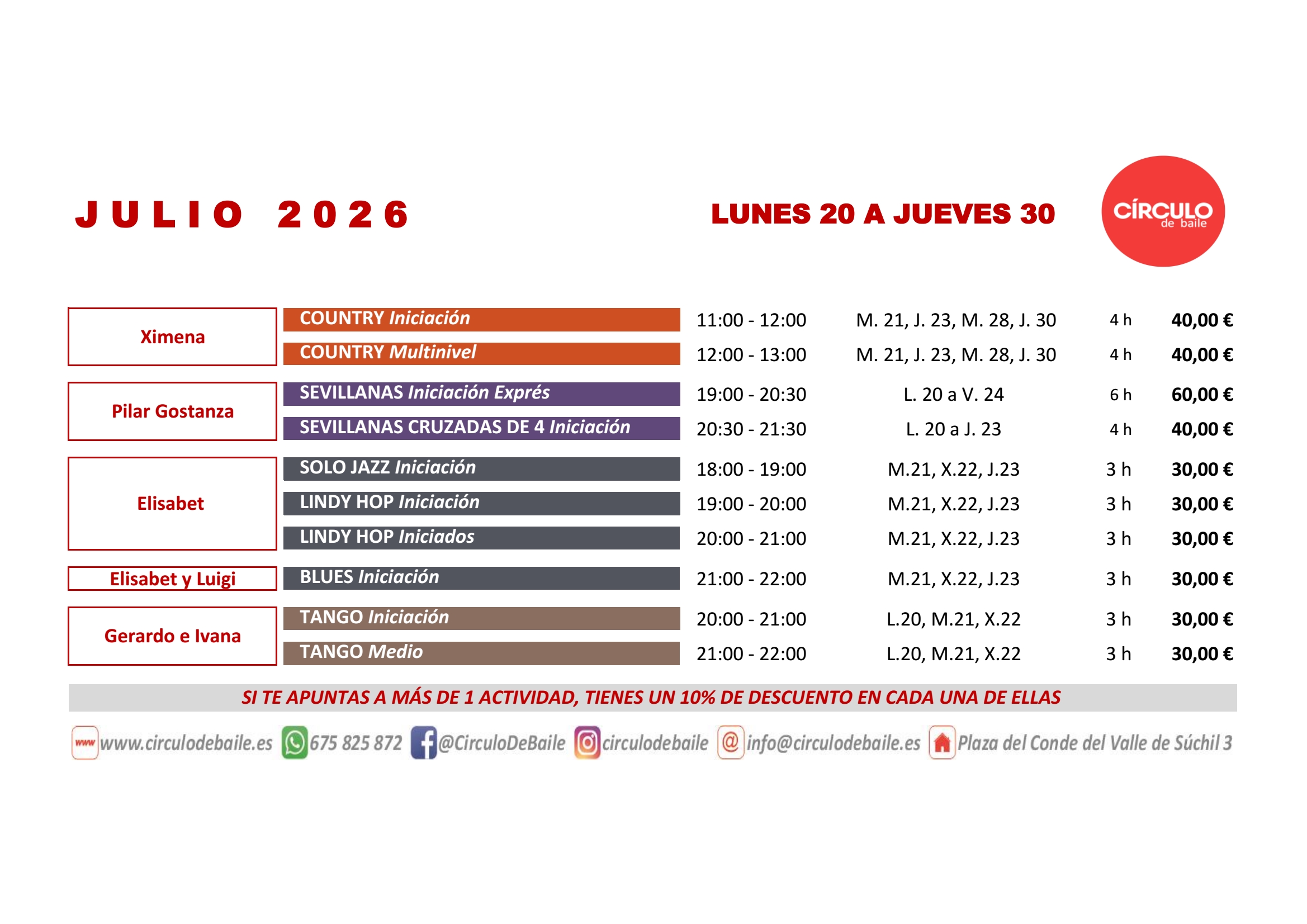 Círculo de Baile. Cursos Intensivos 2026. Julio. 2ª quincena