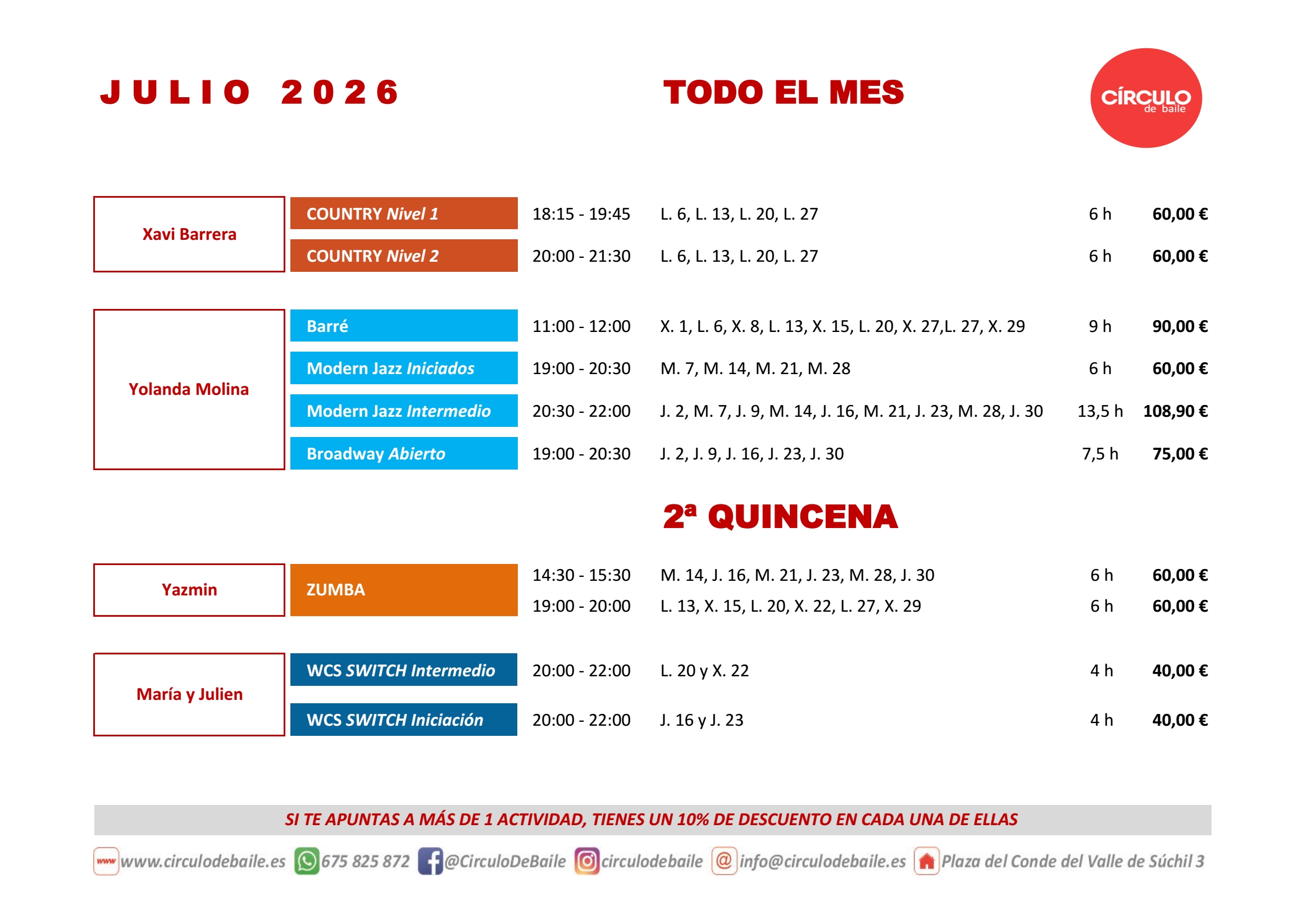 Círculo de Baile. Cursos Intensivos 2026. Julio. Todo el mes y 2ª quincena